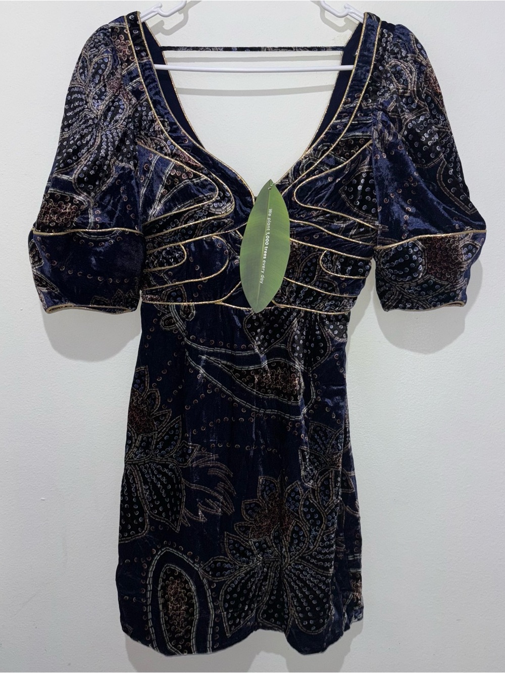 NWT FARM RIO Floral Glam Scarf Blue Velvet Mini Dress Size XS